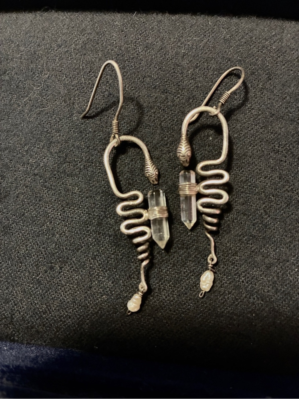 Vintage Sterling Silver Mystical Snake Quartz & Pearl Earrings